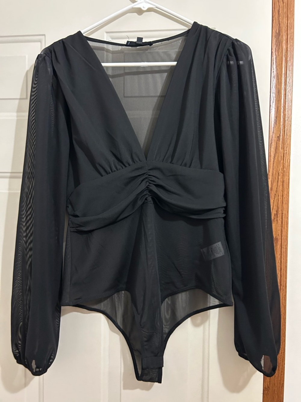 Black Sheer V-Neck Ruched Long-Sleeve Bodysuit